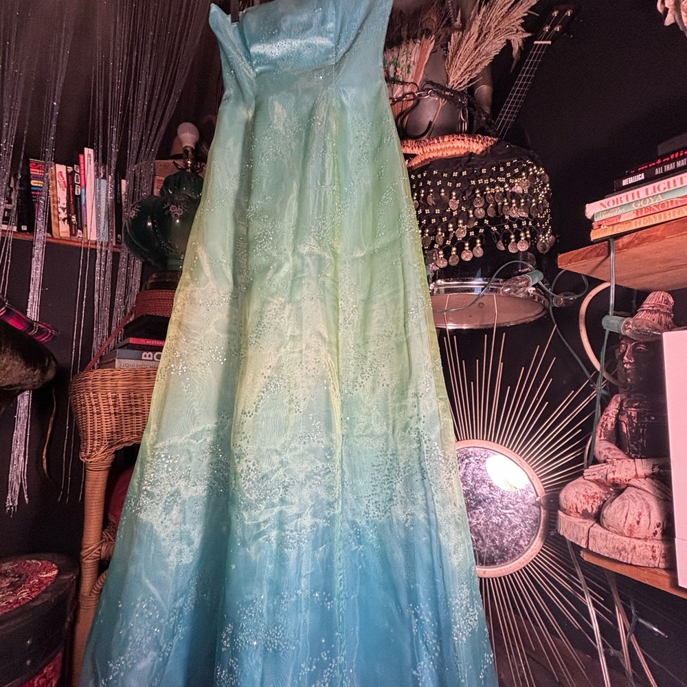 Y2K LA Glo vintage two tone Ombré  Blue and Green strapless Gown